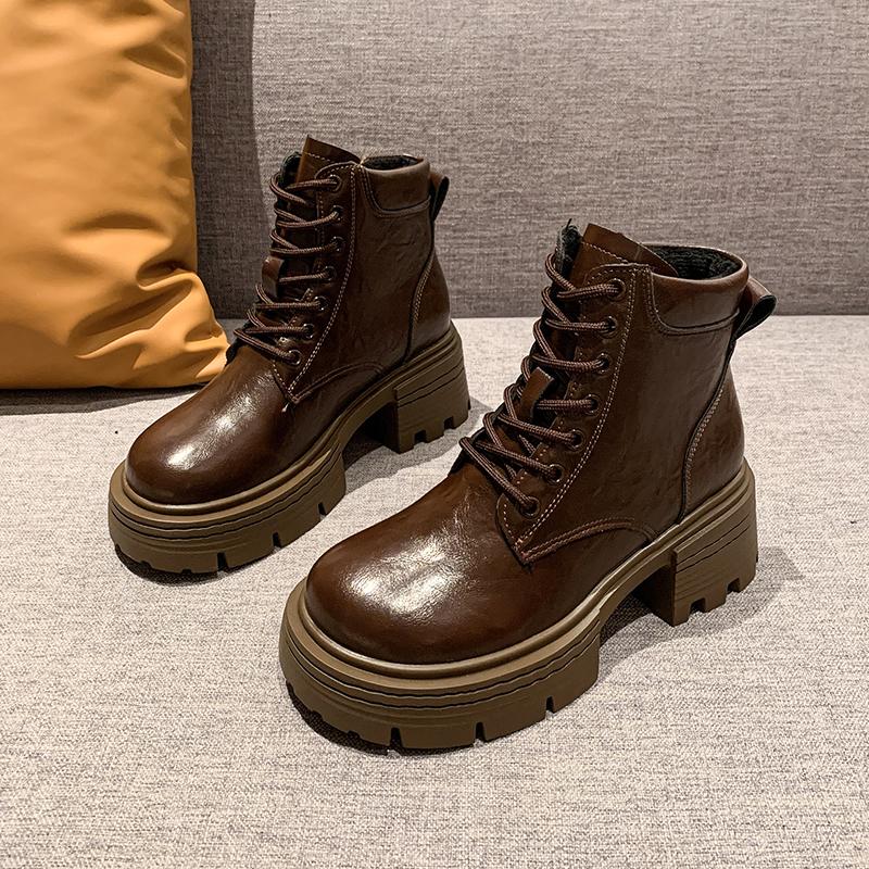 Fashion Autumn Winter New Soft Leather Ankle Boots Ladies Shoes Platform Lace Up Chelsea Black White Short Botas Thick Heeled Botines