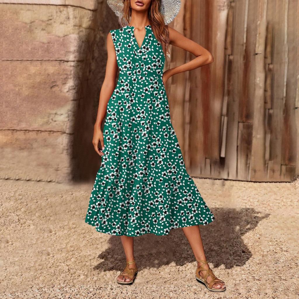 Women's Casual And Fashionable V-neck  Sleeveless Printing Mid Length Dress