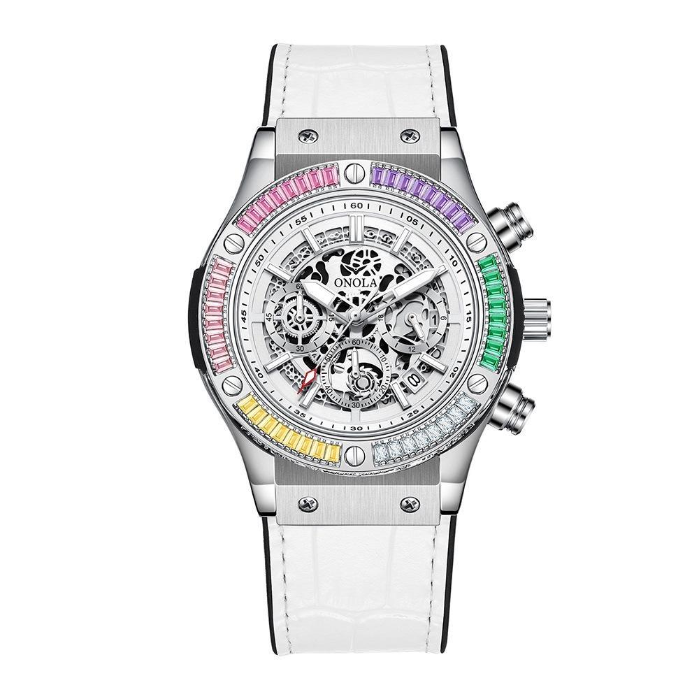 ONOLA Fashion Leather Unique Diamond Timing Watch Men's Multi Functional Cool Night Light Quartz Sports Watch Reloj Hombre