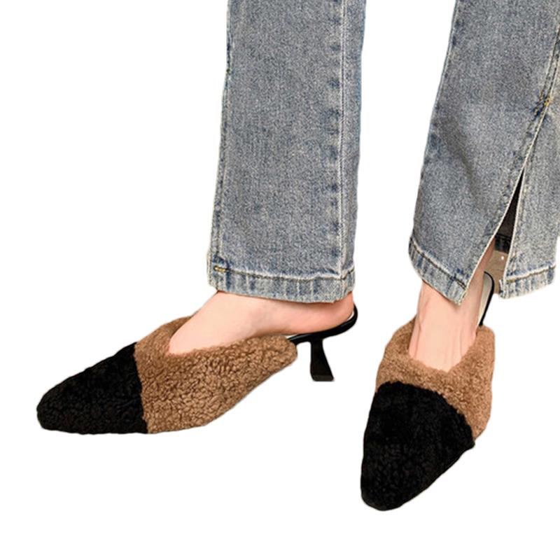 Winter Fur Shallow Women Slippers Pointed Toe Fashion Mid Heels Shoes 2025 Trend Designer Elegant Pumps Dress Chaussures Ladies