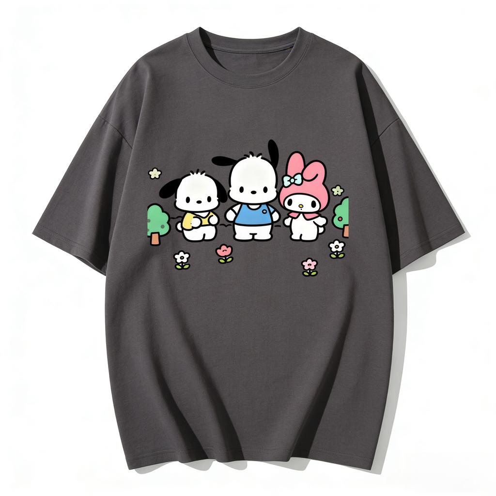 Summer Cute Pochacco My Melody Print Tshirt Casual Short Sleeve Tees for Mom and Daughter Sweet Family Matching Outfits Fashion