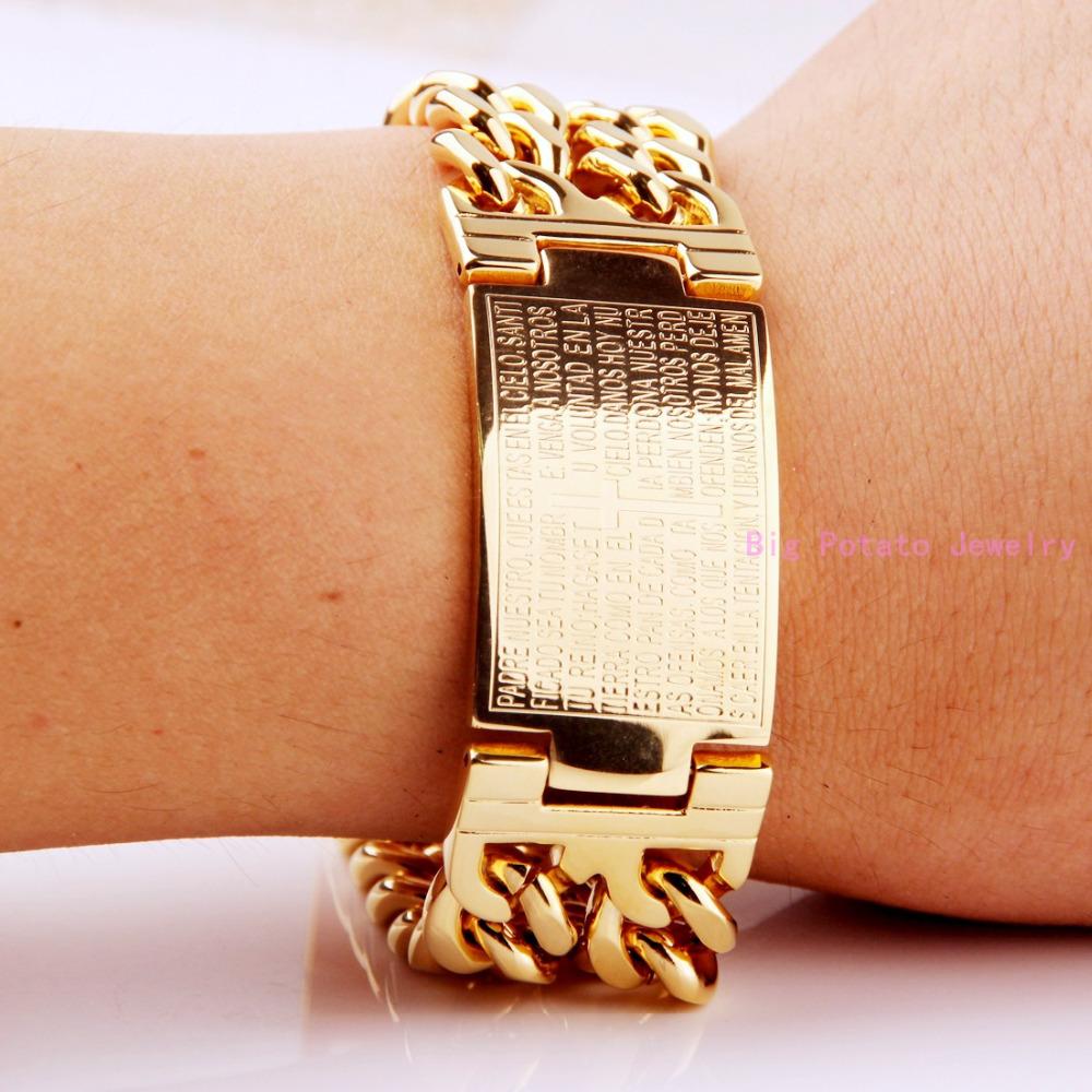 Amaze Design Желтое золото Кубинское звено цепи с лентой удостоверения личности Мужской браслет Ювелирные изделия из нержавеющей стали