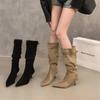 Boots Women  New Fashion Pleated Women's Knee-high High Heel Ladies Pointed Knight Boots High Quality Knee High Boots D468