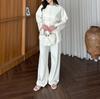  European and  Women's New Button Crew Neck Long Sleeve Lace Up Waist Top Wide Leg Pants Casual Suit