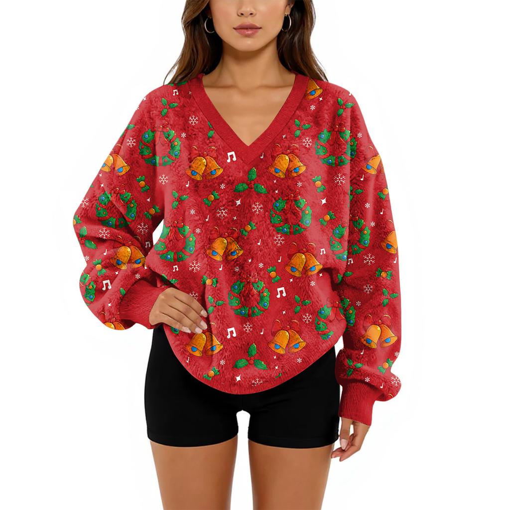 Женский свитшот с V-образным вырезом, плюшевый, однотонный, повседневный, модный, с длинным рукавом, с карманами, пуловер