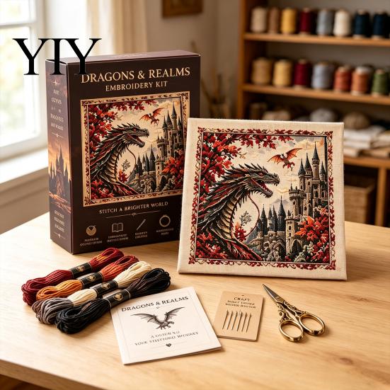 Handmade Embroidery Kit 1 Set DIY Dragon Castle Kit, Fantasy World Cross Stitch Crafts, Beginner Starter for Home Decoration Handcrafted Bedroom Wall