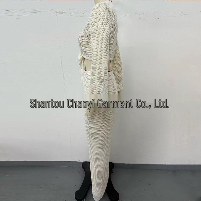 European & American Style Bandage Set: Long-Sleeved Top with Midi Skirt Beach Dress