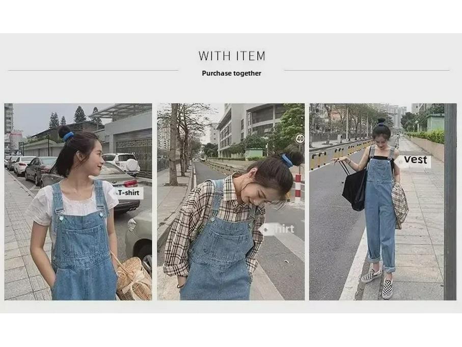 Женский повседневный джинсовый комбинезон широкого кроя с узкими подтяжками на лето 2024 года.