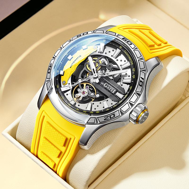 BONEST GATTI Men Automatic Self Winding Mechanical Waterproof Wristwatch Luminous Pointer Rubber Strap Men Watches