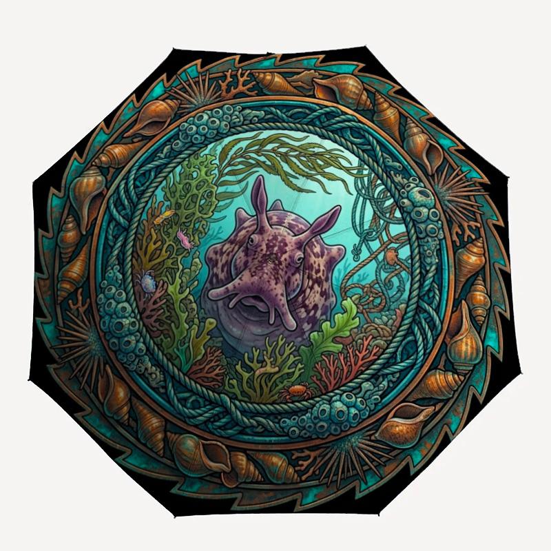 Underwater Marine Emblem pattern umbrella, portable and foldable design, 8 ribs, a casual accessory for Halloween, Christmas, and birthday gifts.