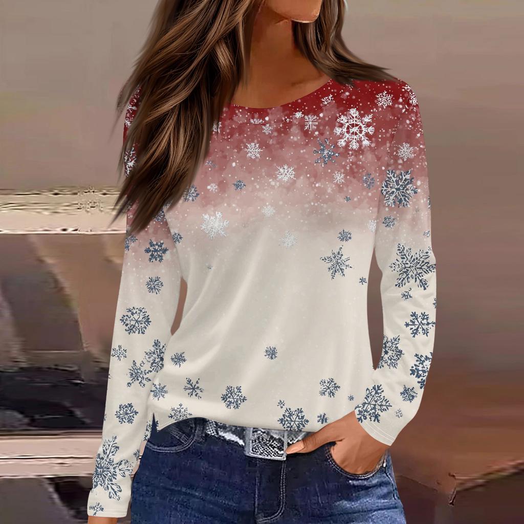 Женская модная повседневная футболка с разрезом по низу, круглым вырезом, длинными рукавами, свободного кроя, с рождественским принтом, женский топ