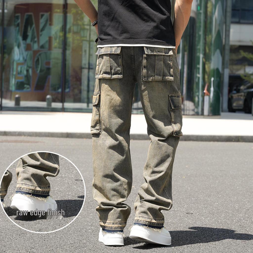 Мужские джинсы американского стиля с широкими штанинами и множеством карманов, свободные рабочие джинсы, большой размер