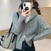 Sexy Gray Shoulder Hooded Knitted Cardigan Women's Autumn Zipper Short Sweater Top Niche Sweater Jacket