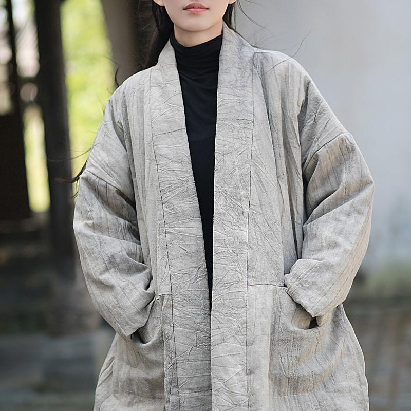 Johnature Women Vintage V-Neck Long Sleeve Patchwork Pockets Coats Winter Warm Coat