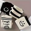 5 Pairs of Women's Black and White Color Cartoon Smiley Face Versatile Casual Long Tube Striped Sports Socks