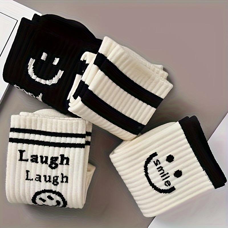 5 Pairs of Women's Black and White Color Cartoon Smiley Face Versatile Casual Long Tube Striped Sports Socks