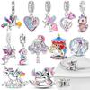 Original Pink Winged Unicorn Heart Copper Charm Merry-Go-Round Charms Bead Fit Bracelet Diy Cute Fine Gift Accessory Jewelry