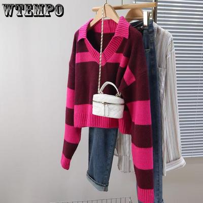 Корейский осенне-зимний ретро полосатый вязаный свитер с длинным рукавом для женщин