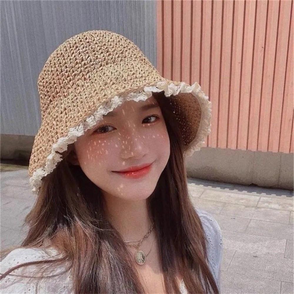 Fashion Foldable Summer Sun Hat Lace Trim Hollow Straw Hat Sun Protection Women's Hat Travel