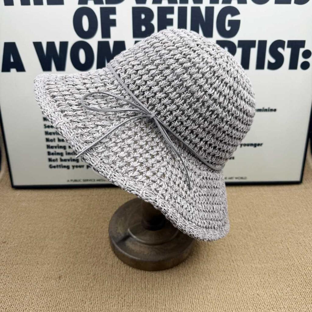 Big eaves breathable knitted bucket hat women's summer sunshade sunscreen hat thin belt bow versatile face small straw hat tide