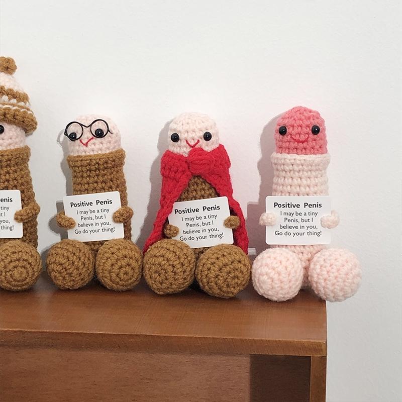 Funny Crochet Penis Doll Knitted Animal With Card Emotional Support Desktop Car Decor Gift