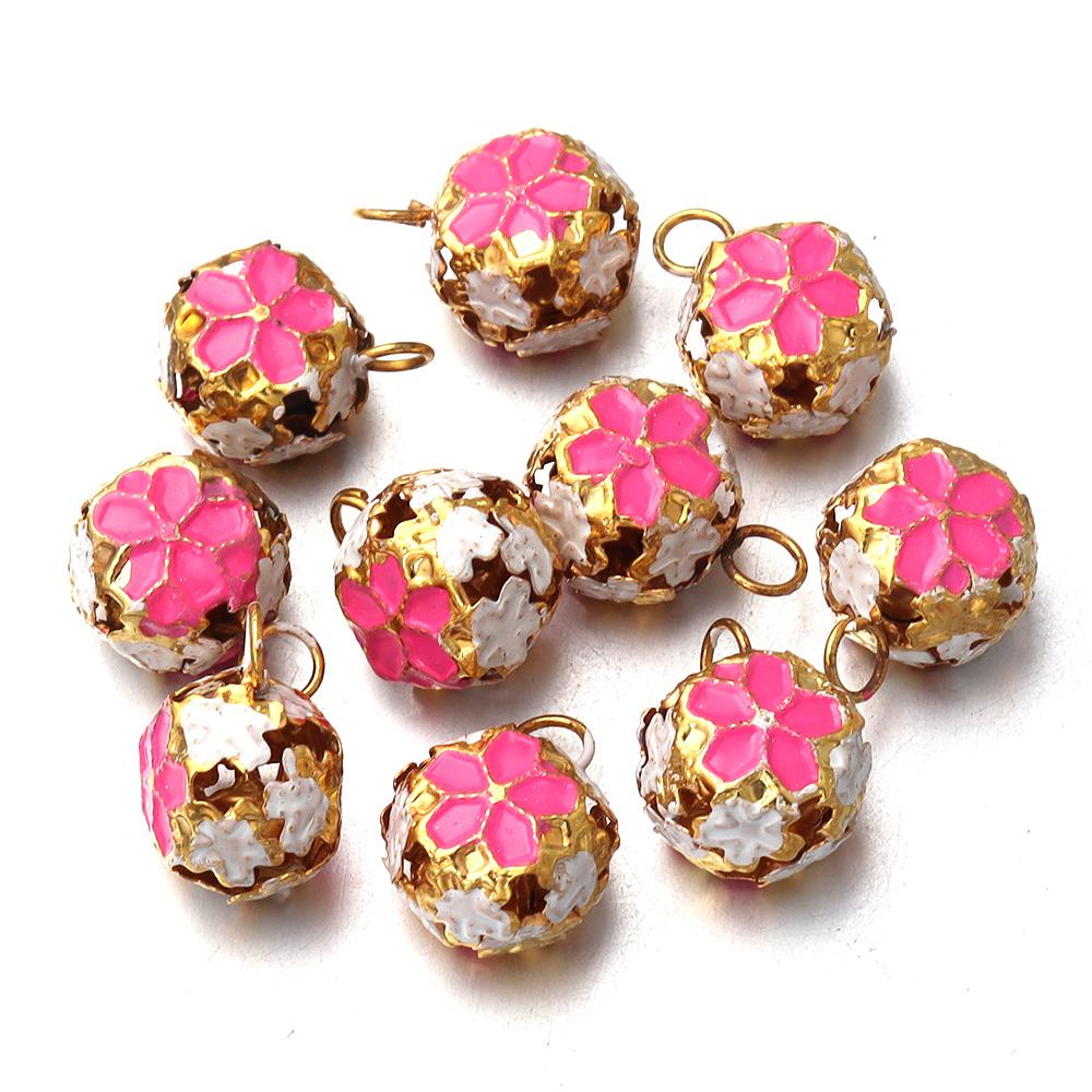10Pcs/lot 14mm Hollow Enamel Flower Bell Charms Pendants Colorful Jingle Bell For Jewelry Making DIY Bracelet Necklace Keychain