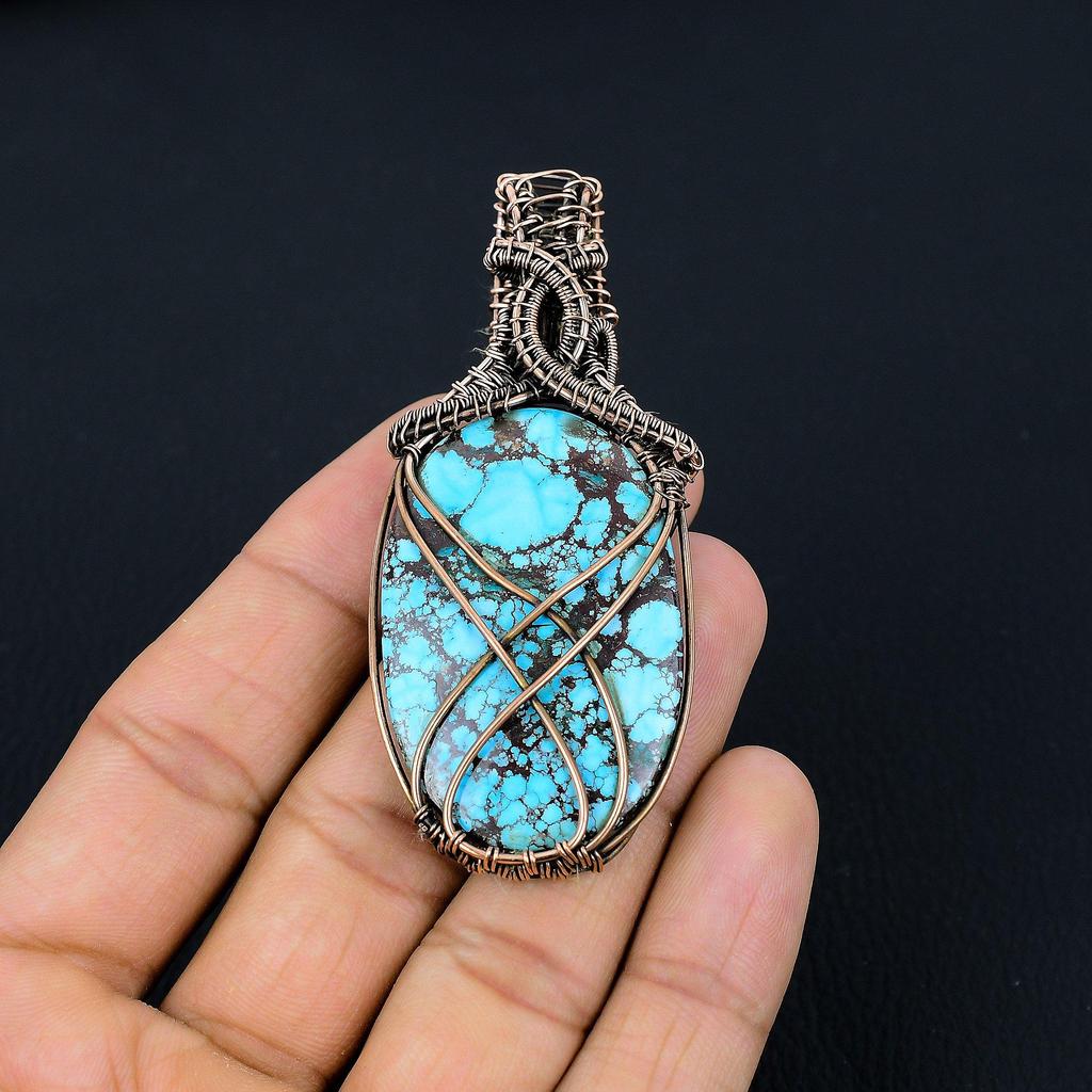 Tibetan Turquoise Pendant, 999 Copper Wire Wrapped Gemstone Jewelry, Handmade Pendant, For Thanksgiving