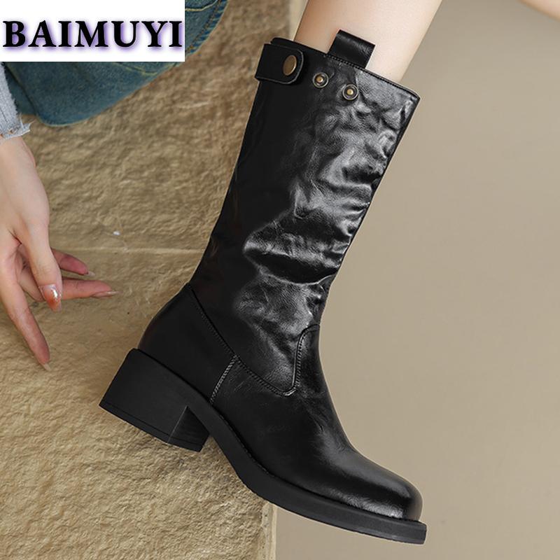 Женские туфли на среднем каблуке, высокие фирменные сапоги до середины голени, тренд 2025 года, дизайнерские повседневные прогулочные ботинки челси, зимние новые туфли-лодочки Mujer Botas