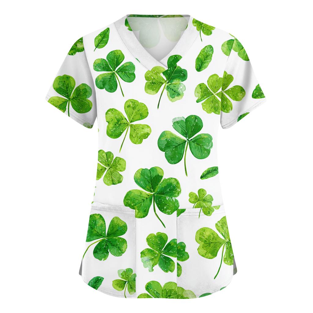 Женский модный рабочий топ с V-образным вырезом, принтом, короткими рукавами, карманом, боковым разрезом, базовый пуловер