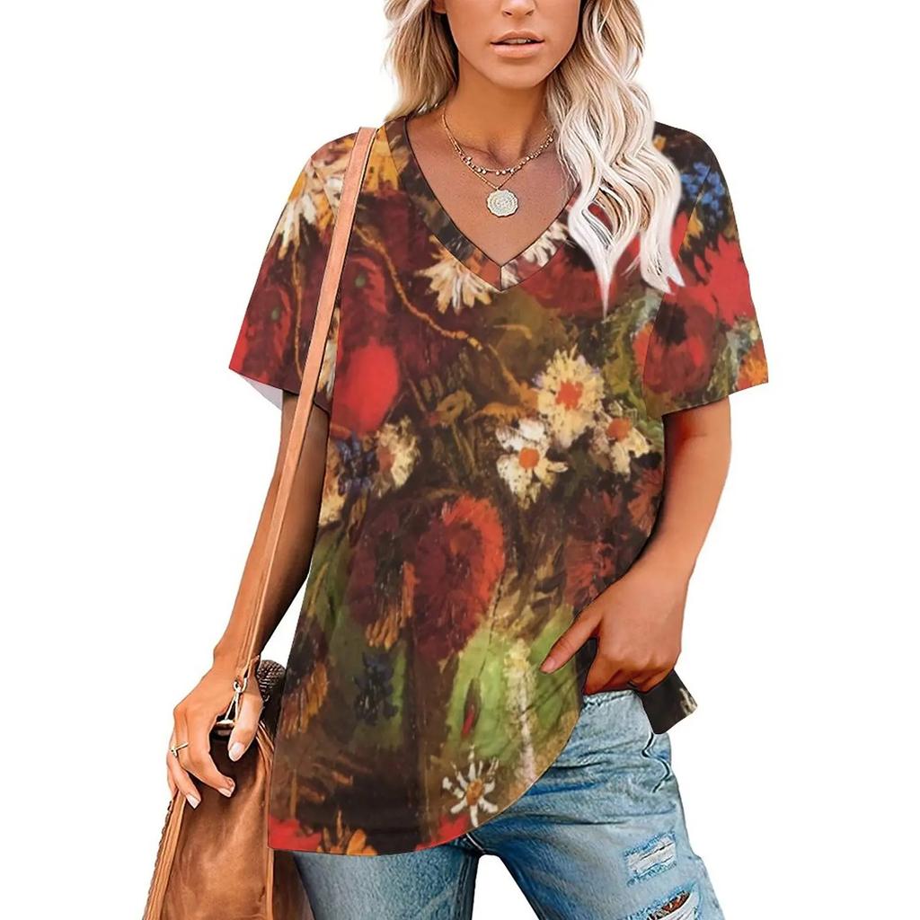 Van Gogh T-Shirts Oil Painting 3D Print Women Short Sleeve T Shirt V-Neck Streetwear Oversized Harajuku Female Tees Top Clothing