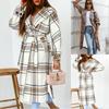 Women's Autumn Winter Long Sleeve Lapel Pocket Casual Coat Belt Woolen Printed Coat