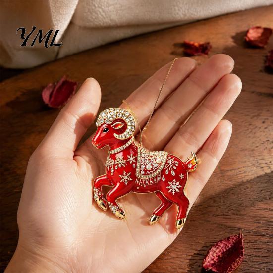 Gift for Christmas Holiday Acrylic Goat Tree Pendant, Decorative Hanging Ornament with Clear Animal Rhinestone, Golden Cord New Year Party Durable