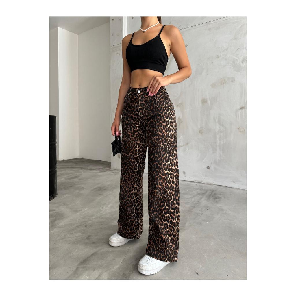 Women's Leopard Patterned High Waist Wide Leg Lycra Palazzo Pants