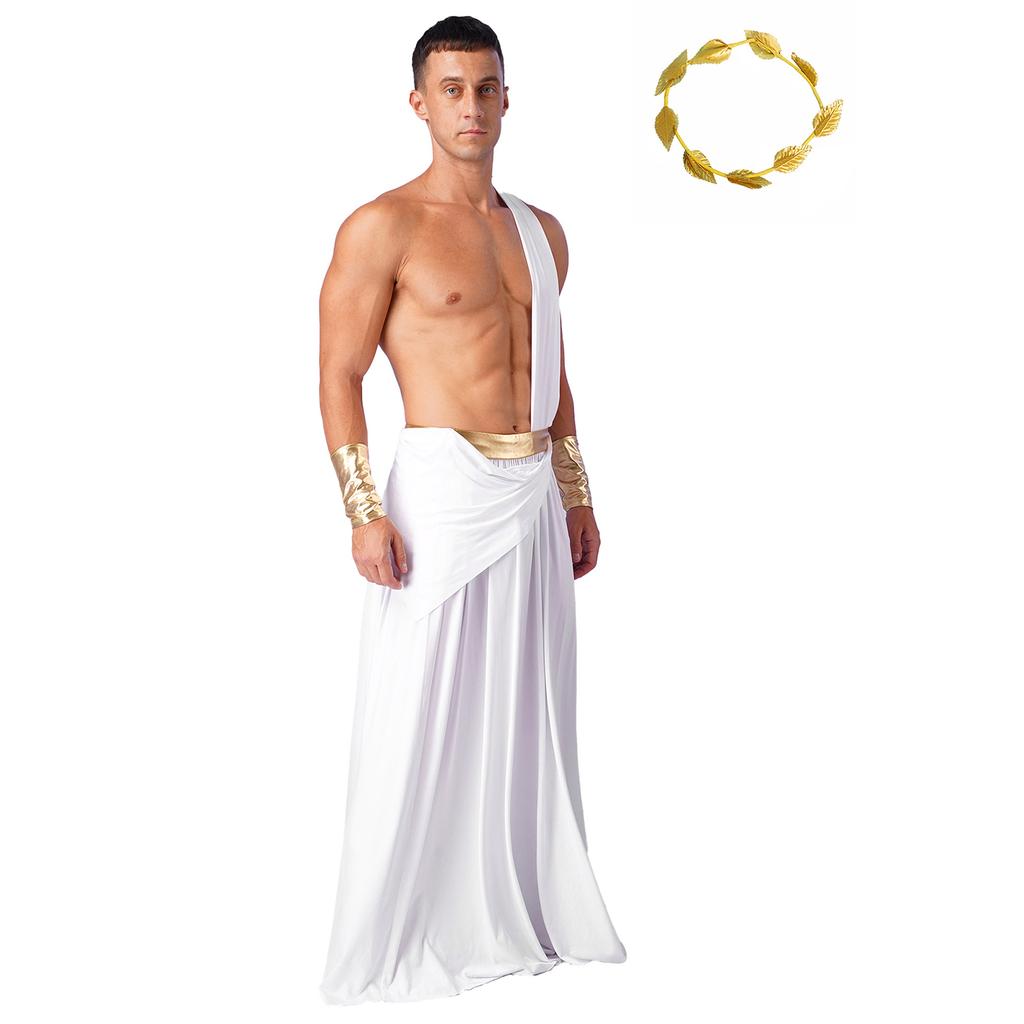 Mens Ancient Greek Costume Long Skirt Toga Set Wristbands Gold Leaf Headwear Halloween Cosplay Party Outfit