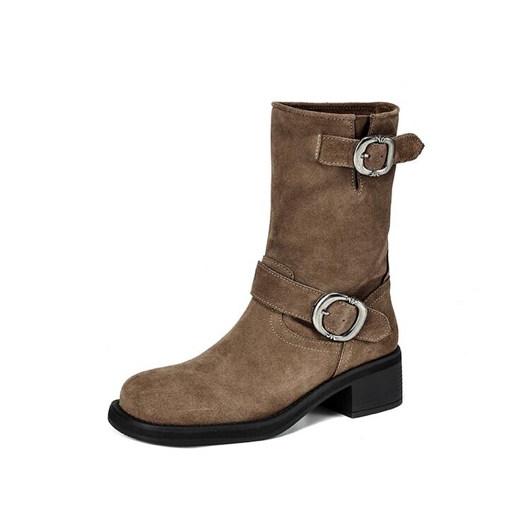 Модные новые осенне-зимние женские ботинки из коровьей замши, модные ботинки до середины икры с пряжкой, квадратным носком и толстым каблуком, рабочие ботинки, zapatos mujer
