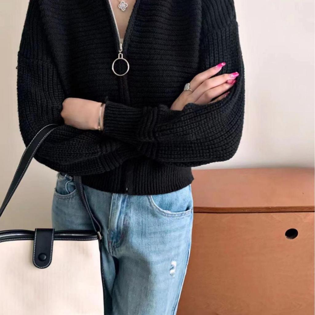 New Korean Lazy Style Loose Zipper Lapel Sweater Jacket, Versatile Knitted Cardigan for Women
