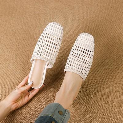 Плетеная ажурная сумка-голова полушлепанцы женские 2025 новые летние на плоской подошве с квадратным носком модные ленивые сандалии женская уличная обувь