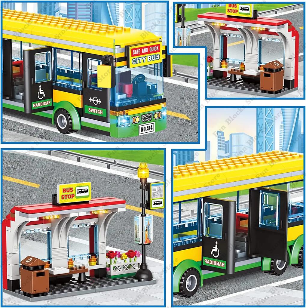 Hot City Car Yellow Passenger School Bus Station Public Vehicle Sets Figures Bricks Model Building Blocks Diy Toys For Boys Gift