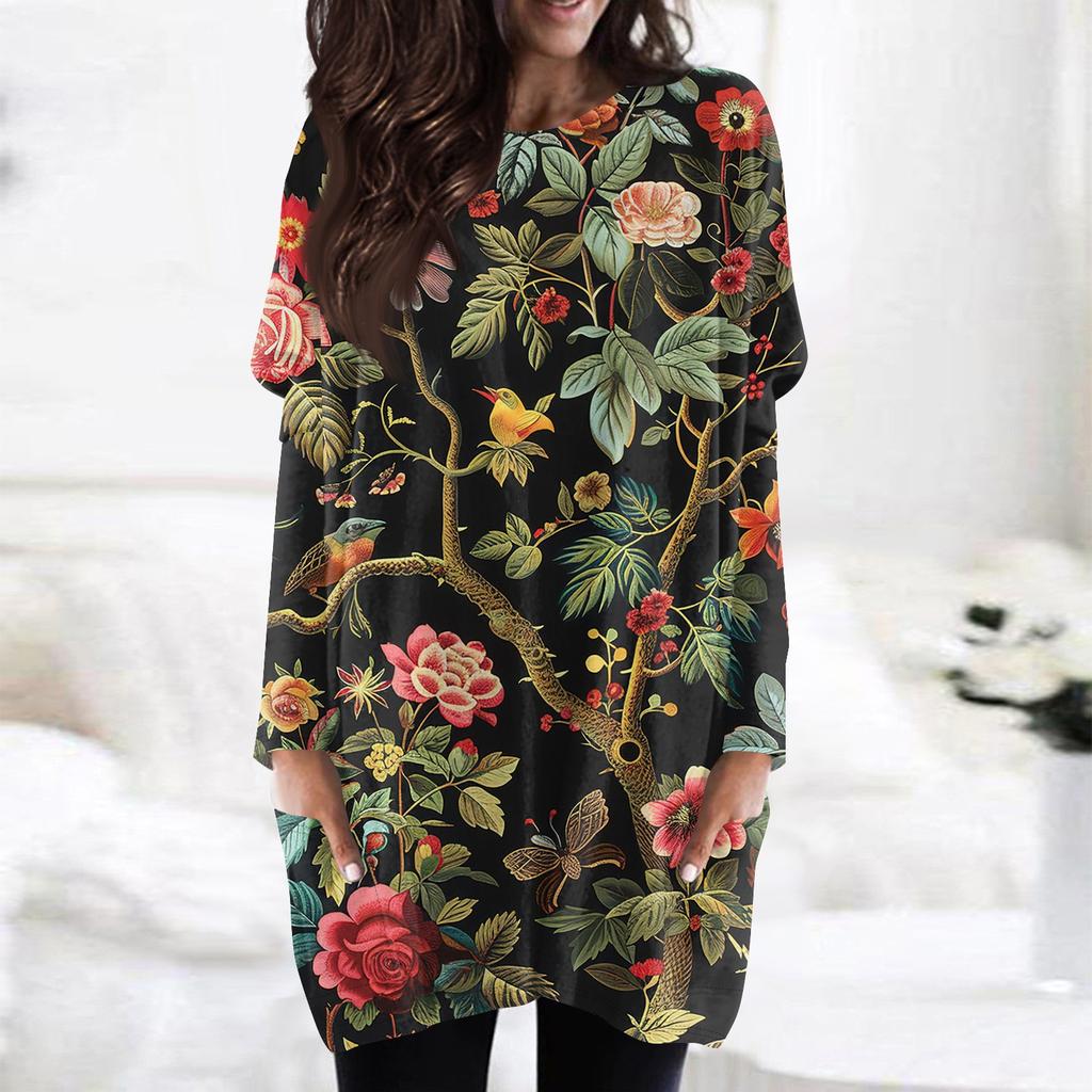 Women's Fashion Casual Long Sleeve Print Round Neck Double Pocket T-Shirt Top