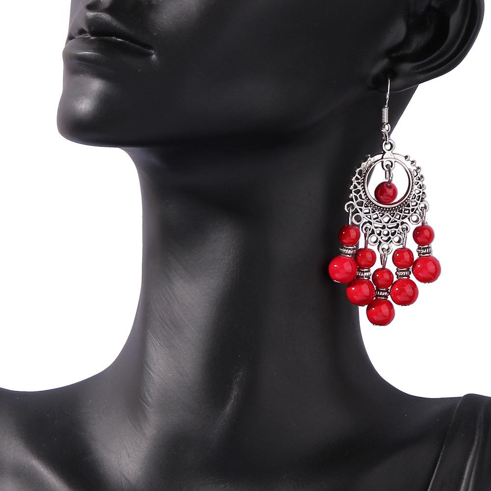 Retro Ethnic Turquoise Tassel Earrings Bohemian Vacation Style Color Blocking Earrings Long Fashionable Earrings