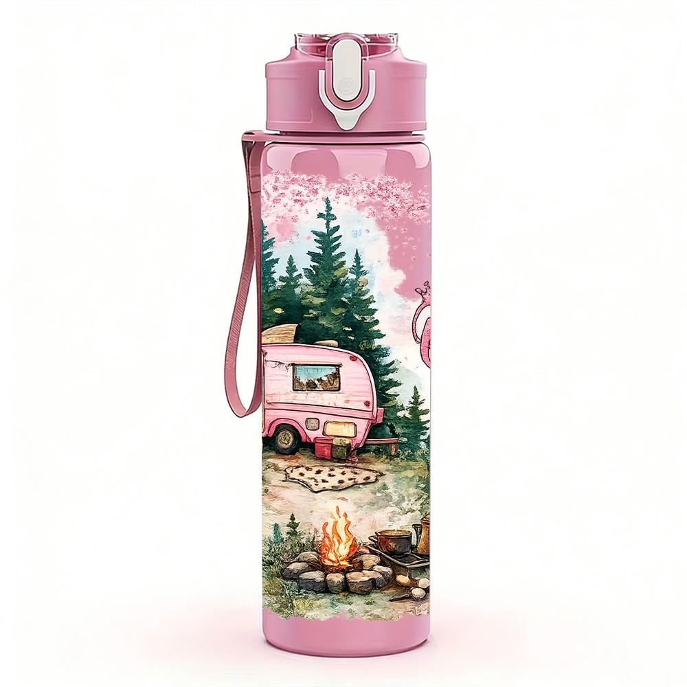1PC Retro Camper Van Forest Travel 750ml Color Plastic Sports Water Bottle Leakproof Flip Straw Lid Suitable for Sports Office Home Use