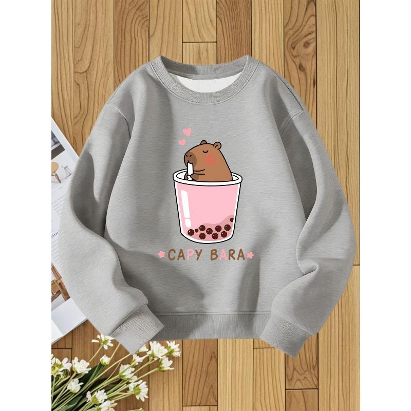 European sizes Capybara Milk Tea Cup Cartoon Print Kids' Round Neck Sweatshirt Soft Cute Style Perfect Gift for Kids