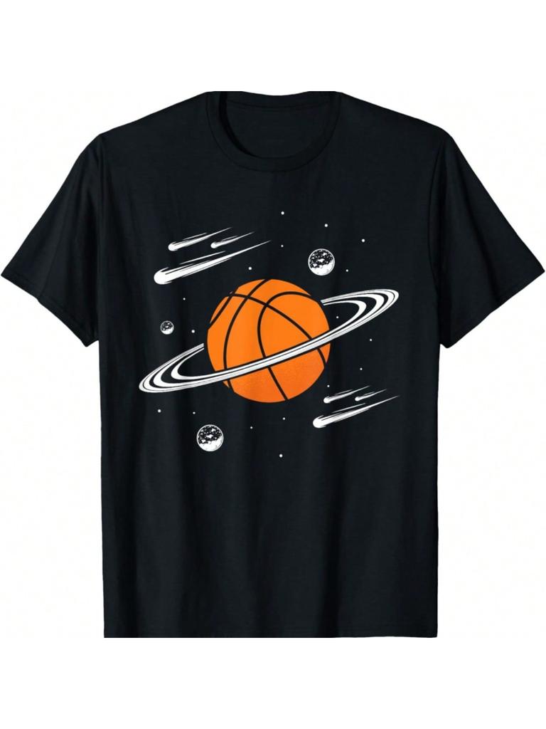 Basketball Planet with Rings and Meteorites Funny Graphic Crew Neck Short Sleeve T Shirt Graphic Tees Playeras De mujeres