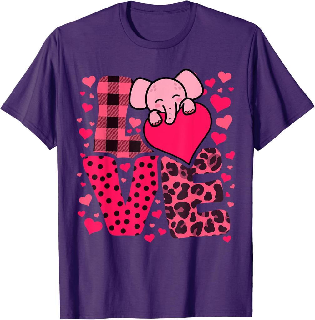 Cute Elephant Love Hearts Valentines Day Graphic Tee Soft Breathable Casual T-Shirt