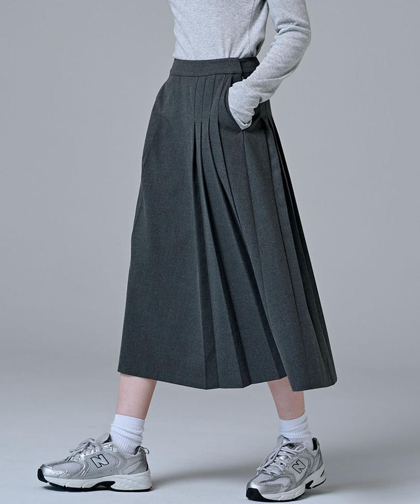 Marop 3108 Wool Pleated Long Skirt (Dark Gray)