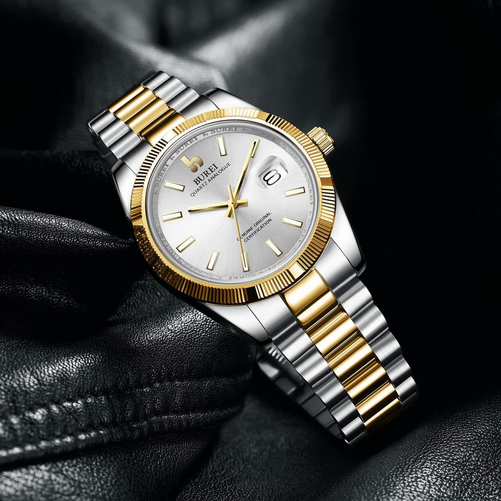 BUREI Watch Luxury Analog Quartz Watch Silver Dial Calendar Display Sapphire Crystal Lens Two Tone Stainless Steel Band Men's