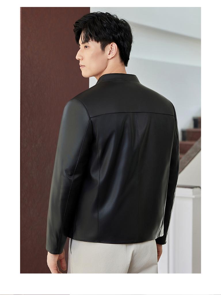 Beast King Men's Winter Sheepskin Stand Collar Business Casual Cotton Jacket Leather Coat