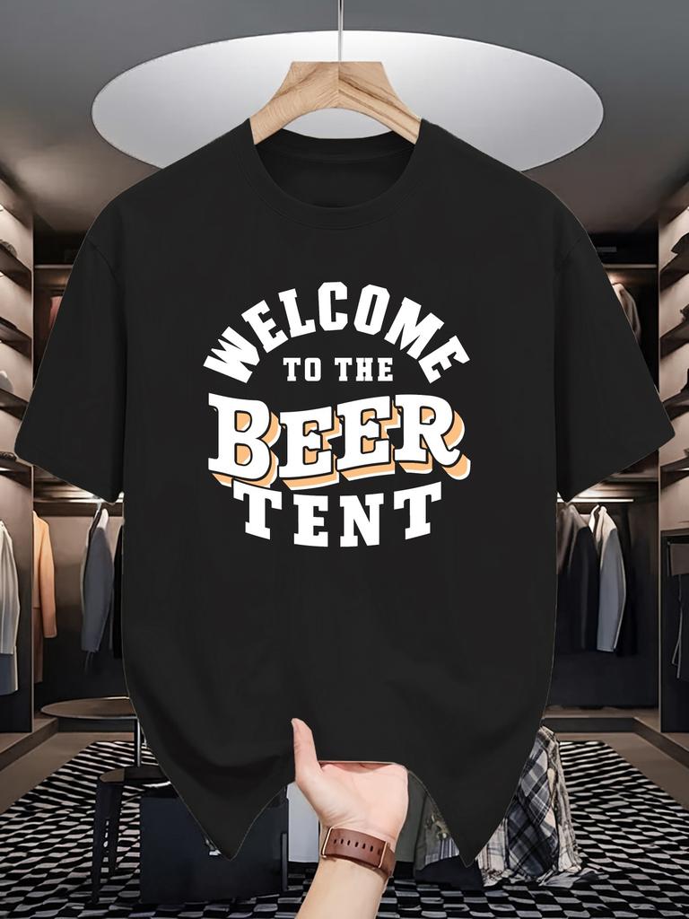 Unisex Crew Neck Tee Beer Tent Vintage Letter Graphic Print Soft Cotton Loose Short Sleeve Summer Casual Male Streetwear Tops