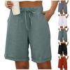 Women Cropped Pants Casual Cotton Elastic Drawstring Summer Beach Shorts Pocket Solid Color Casual Shorts