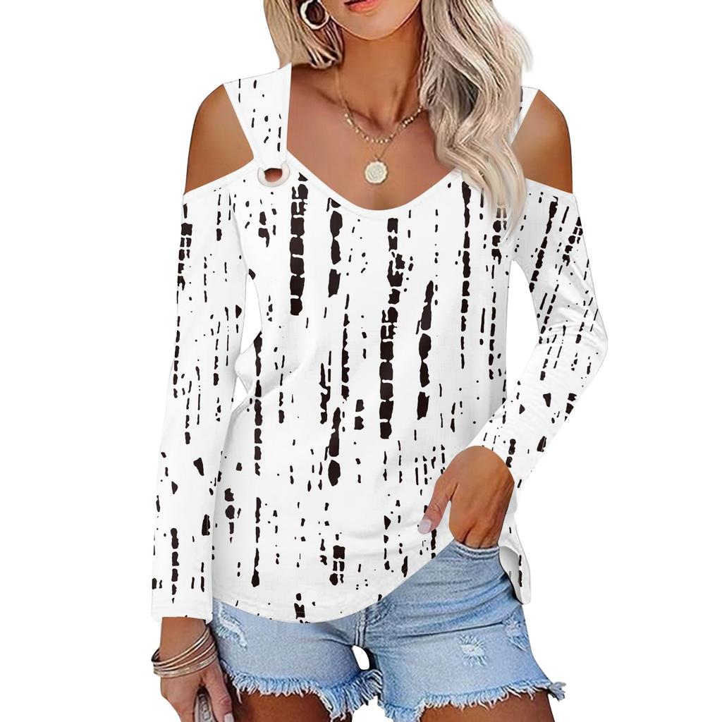 Women's Casual Shirt Blouse Print V-neck Sexy Cold Shoulder Long Sleeve Top